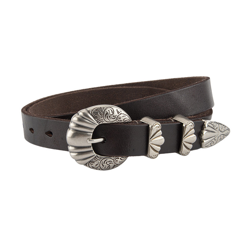 Ceinture femme Délicatesse marron en cuir pleine fleur avec boucle ovale argentée vintage et détails sculptés
