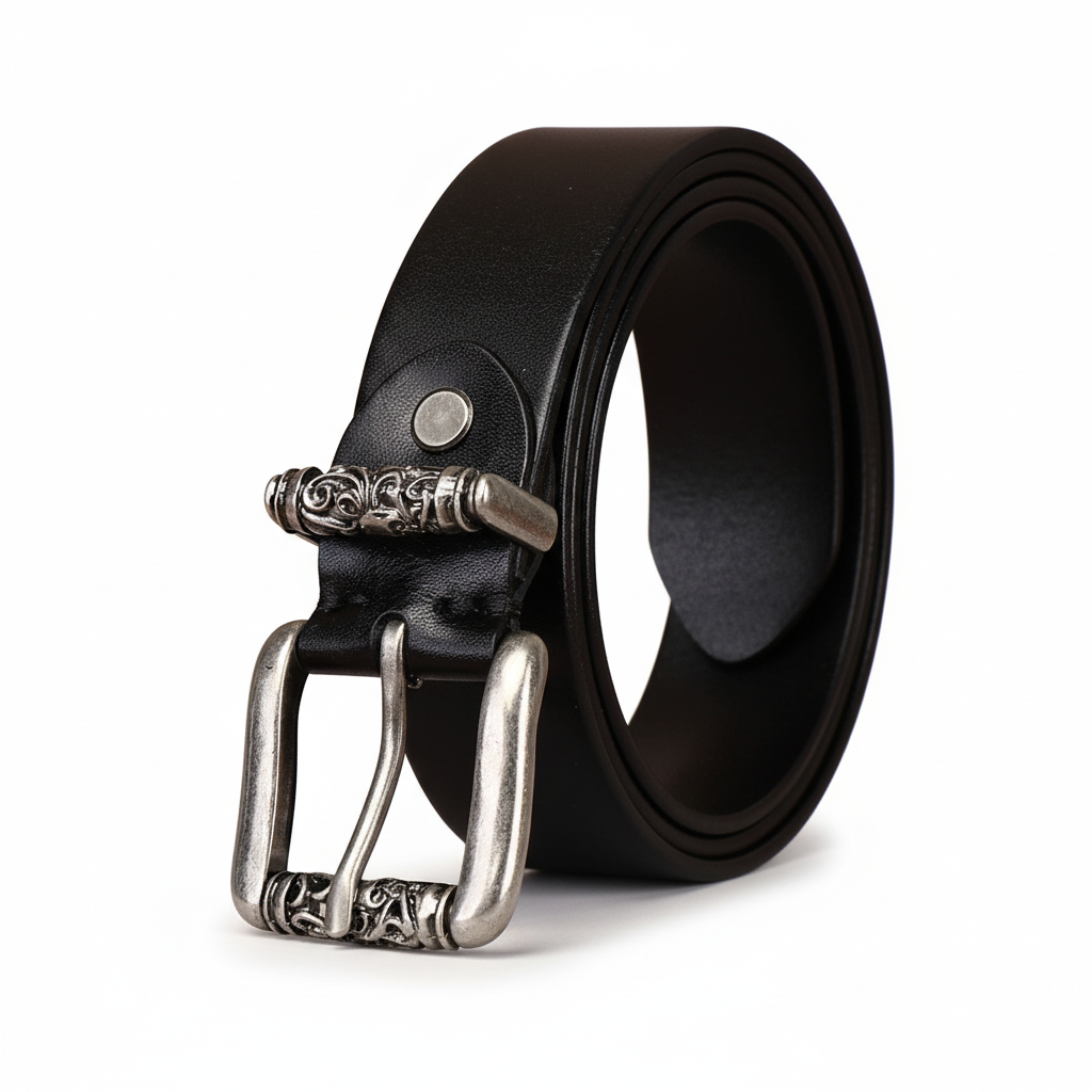 Ceinture homme Denis noire en cuir de vachette pleine fleur avec boucle ardillon argentée décorée style vintage