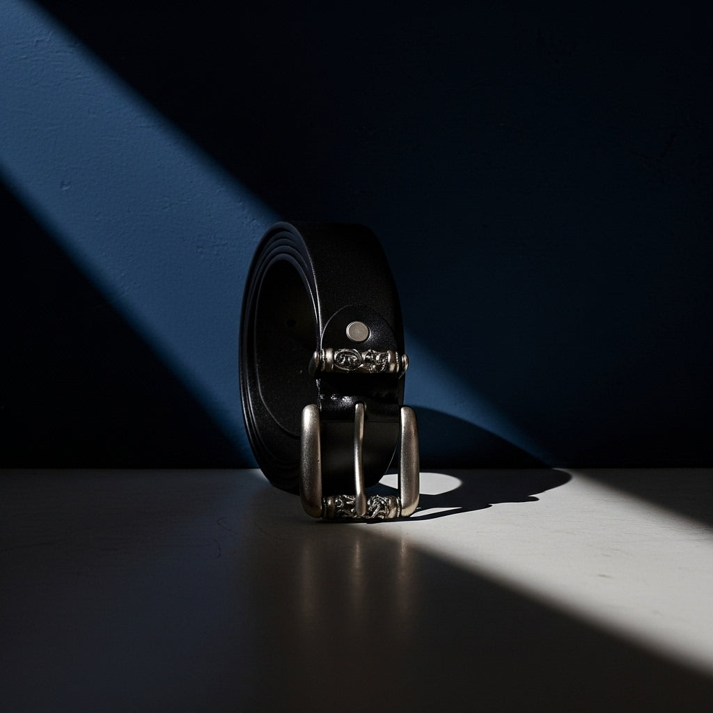 Ceinture homme Denis en cuir de vachette pleine fleur noir, avec boucle ardillon argentée au design vintage sculpté. #fullwidth