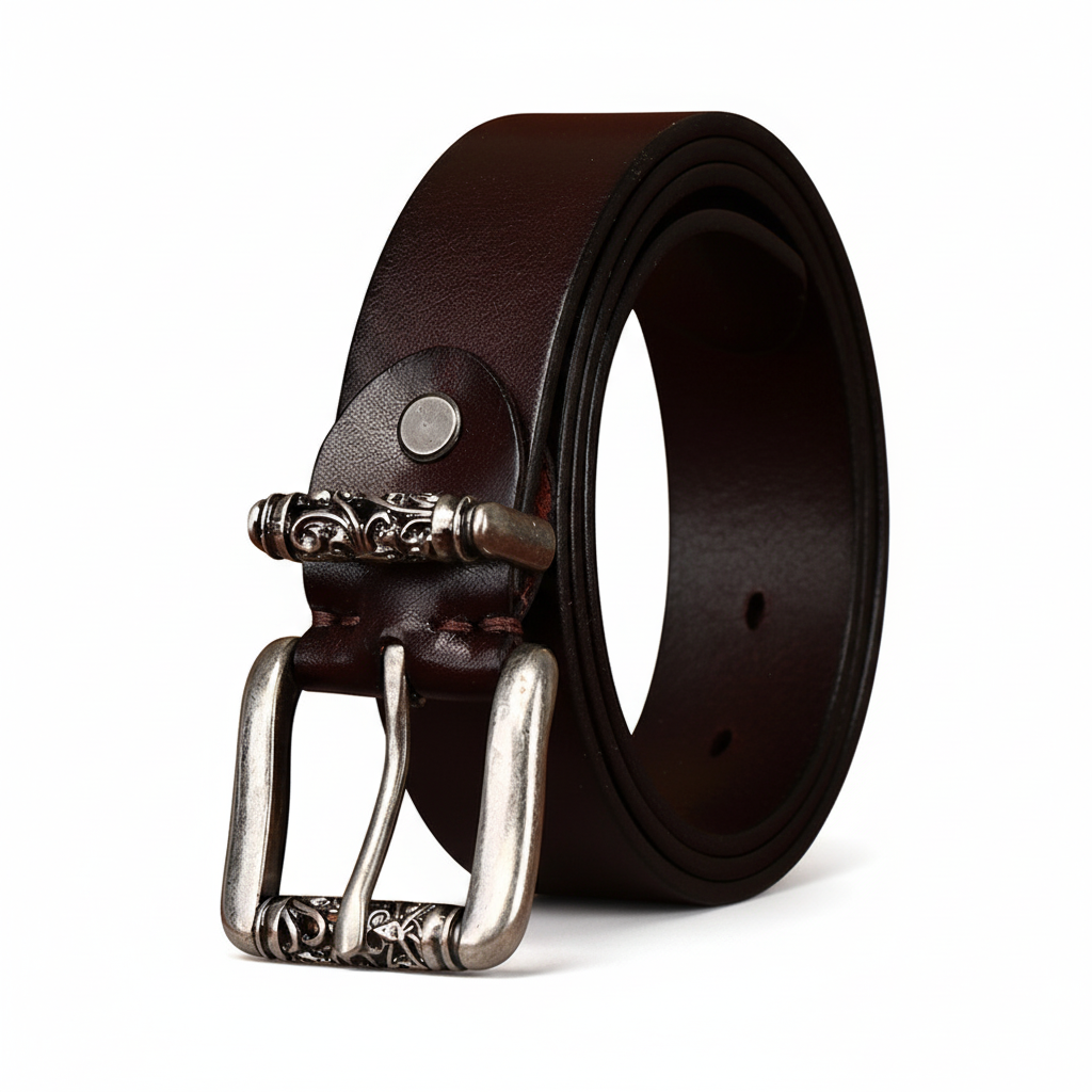 Ceinture homme Denis en cuir de vachette pleine fleur couleur café, boucle ardillon argentée décorée