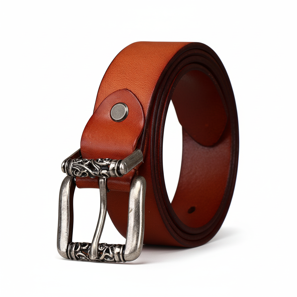 Ceinture Denis en cuir de vachette pleine fleur couleur chameau, avec une boucle ardillon carrée argentée décorée de motifs vintage.
