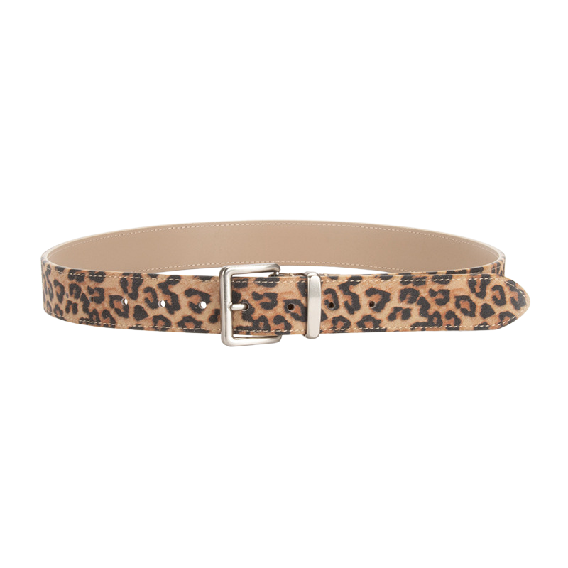 Ceinture femme Dentelle en cuir refendu avec motif léopard marron et noir, boucle carrée argentée. #fullwidth