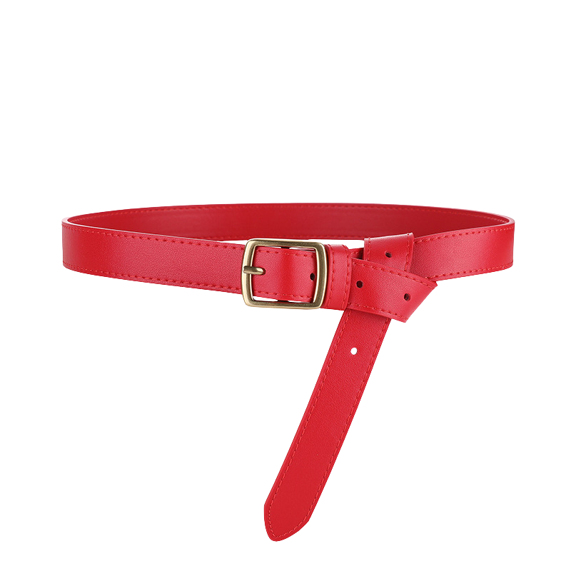Ceinture rouge en cuir de vachette pour femme, modèle Désir, avec boucle ardillon rectangulaire en métal doré antique et lanière ajustable.