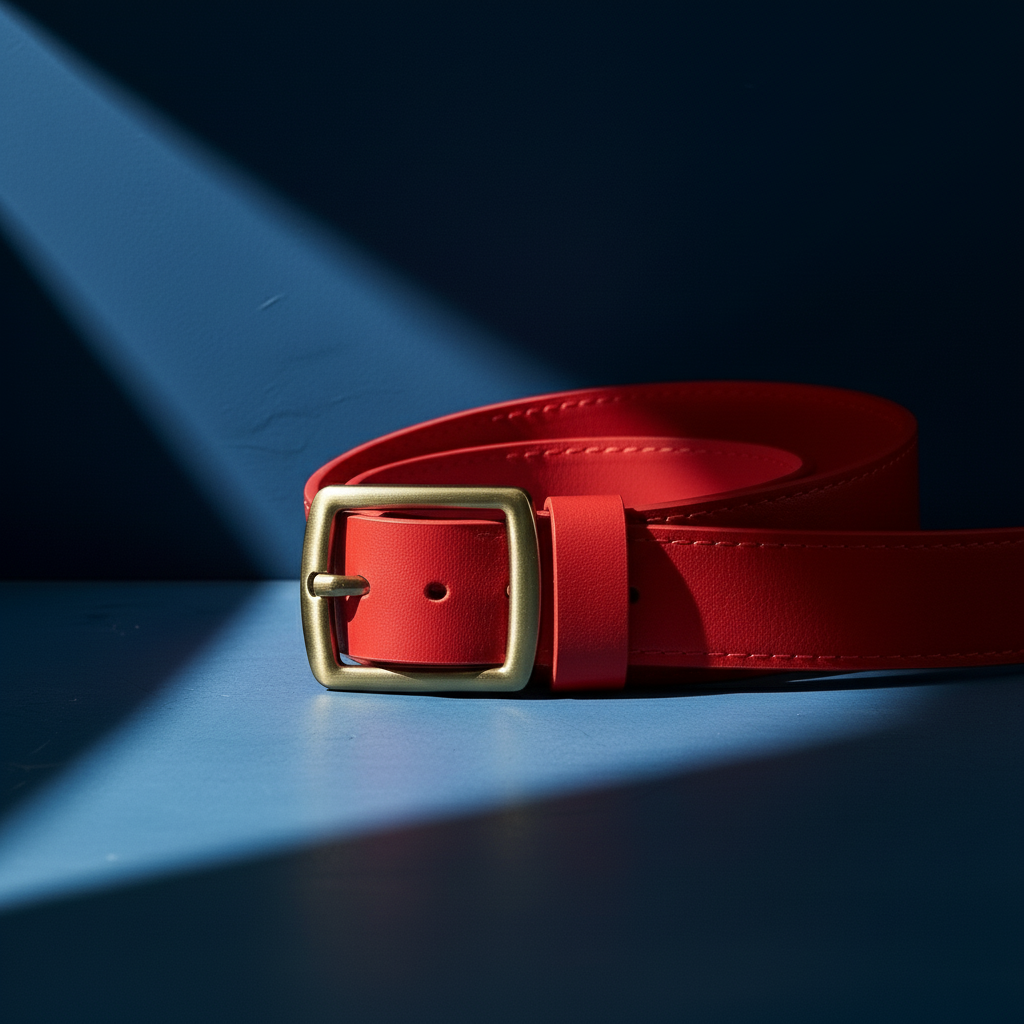 Ceinture rouge en cuir de vachette suédé pour femme, modèle Désir, avec boucle ardillon rectangulaire en métal doré antique et coutures fines. #fullwidth