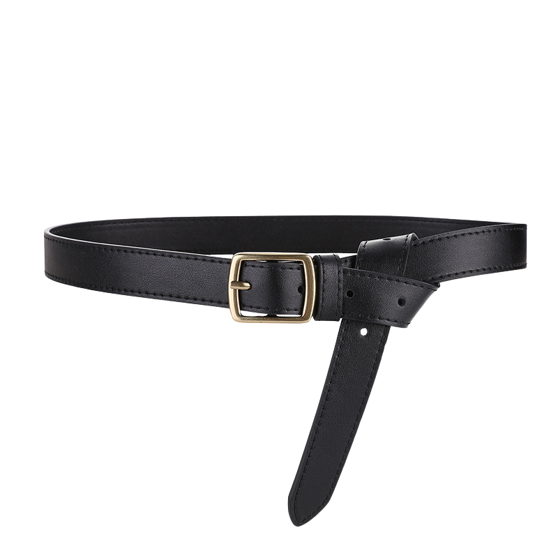 Ceinture noire Désir pour femme en cuir de vachette refendu avec boucle ardillon rectangulaire dorée antique et lanière ajustée. Style classique et élégant.