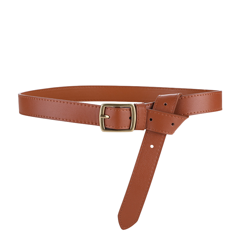 Ceinture femme Désir en cuir marron avec boucle ardillon dorée antique et lanière nouée