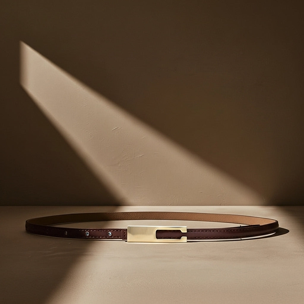 Ceinture fine en cuir marron pour femme, modèle Désirée, avec boucle dorée rectangulaire à système invisible. Style minimaliste et moderne. #fullwidth