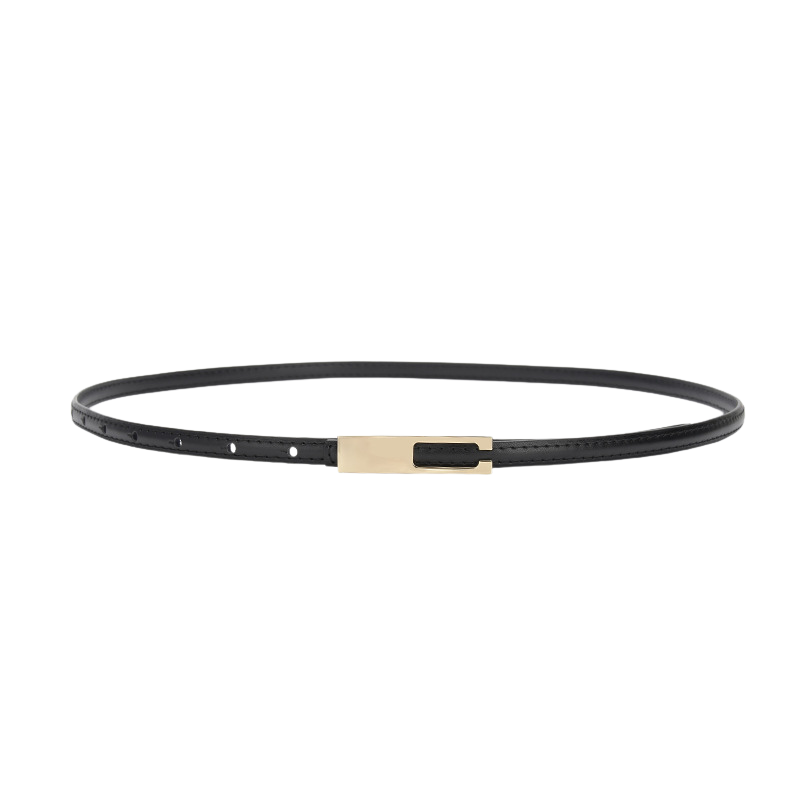 Ceinture fine noire Désirée en cuir de vachette avec boucle dorée rectangulaire et système de forme C et système enclenchement invisible