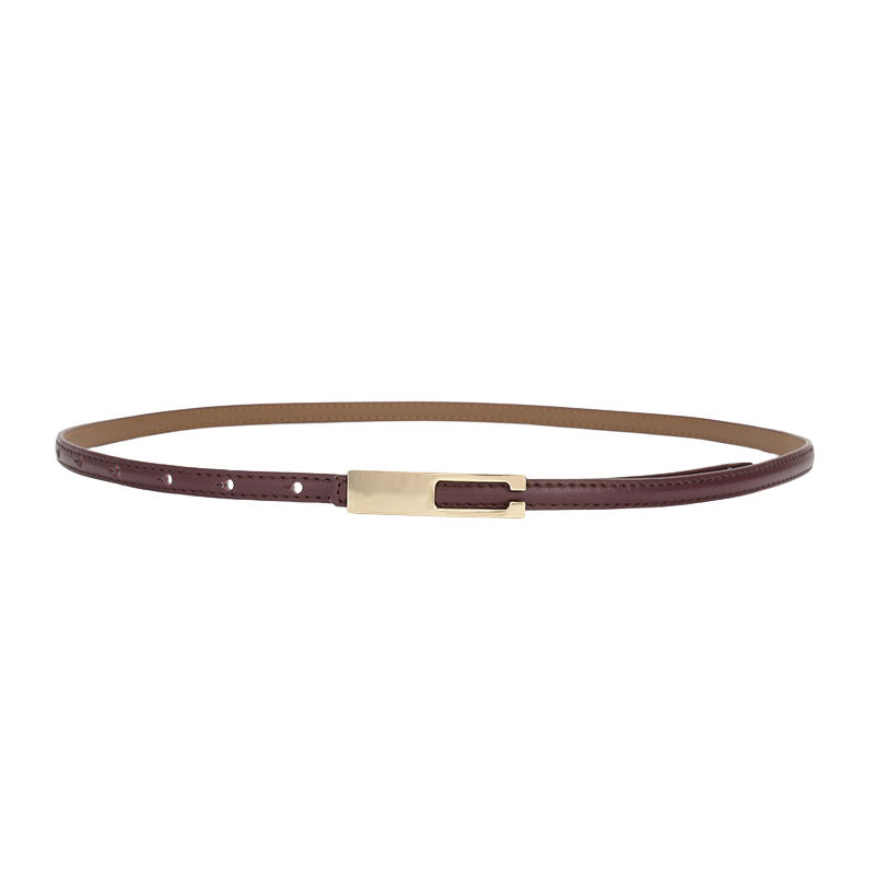 Ceinture fine en cuir de vachette bordeaux pour femme, modèle Désirée, avec boucle rectangulaire dorée à système enclenchement invisible.