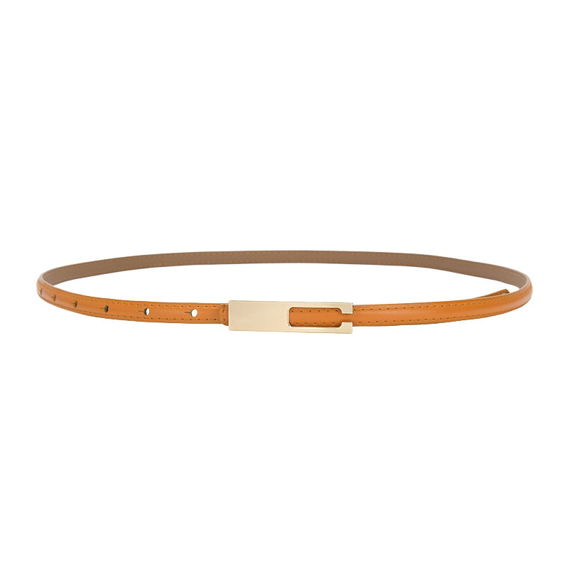 Ceinture fine en cuir de vachette orange pour femme, modèle Désirée, avec boucle dorée rectangulaire et système de fermeture invisible.