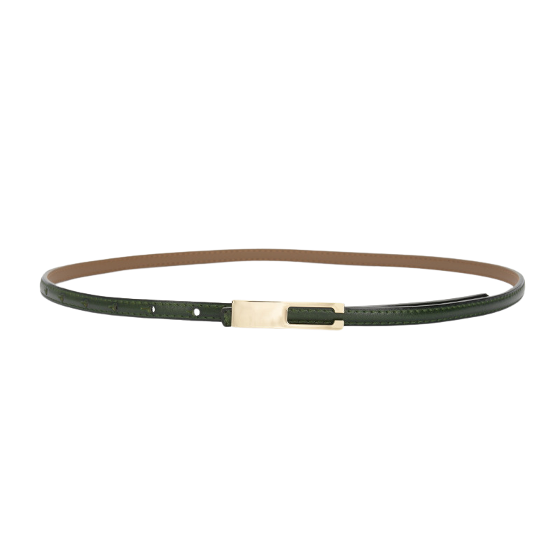 Ceinture fine en cuir vert foncé modèle Désirée, avec boucle dorée rectangulaire et système d'attache invisible.