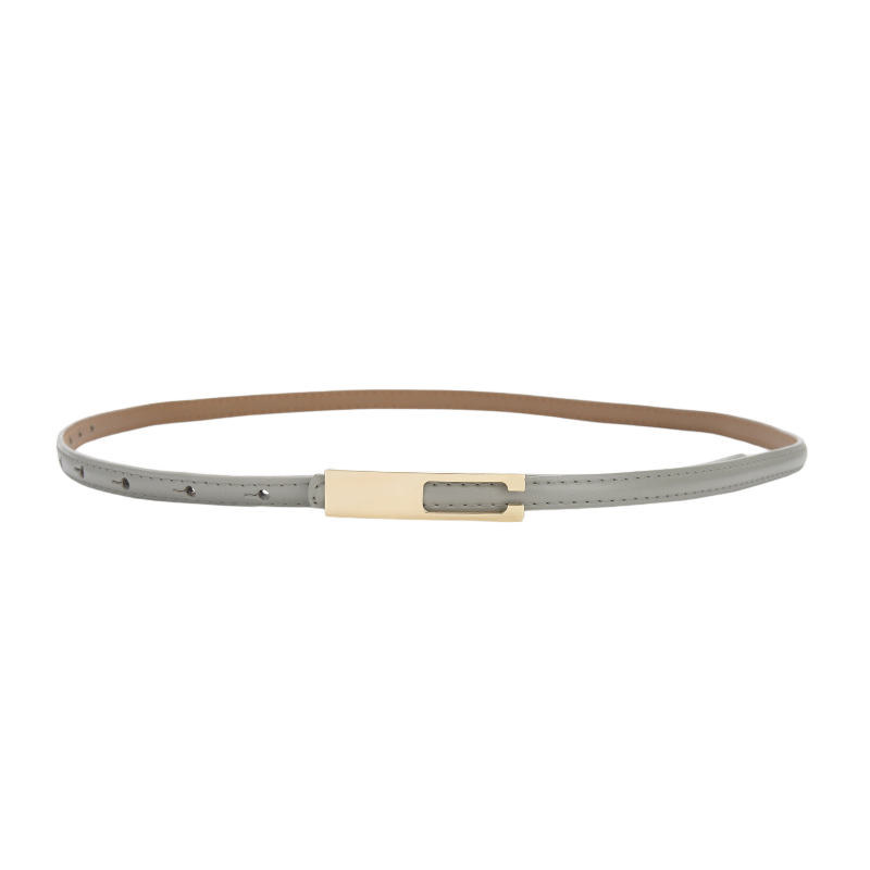 Ceinture fine en cuir gris pour femme, modèle Désirée, avec boucle dorée rectangulaire à système invisible.