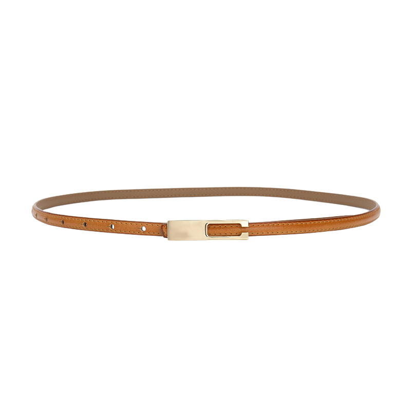 Ceinture fine Désirée en cuir de vachette orange foncé avec boucle dorée rectangulaire