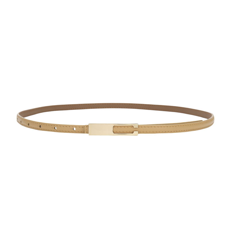 Ceinture fine Désirée en cuir de vachette jaune pâle avec boucle dorée rectangulaire et système de fermeture invisible.