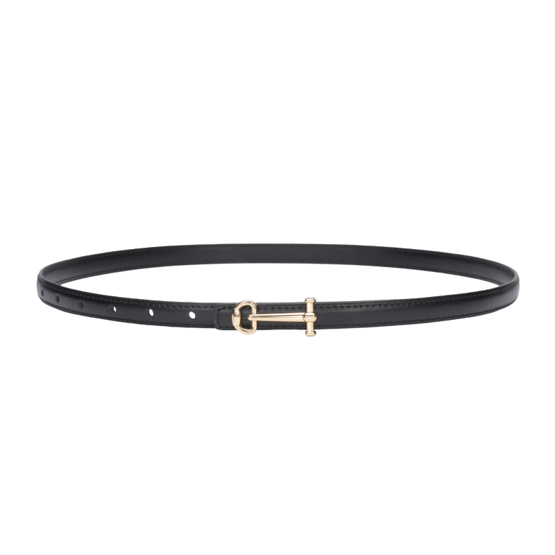 Ceinture fine noire Diane en cuir lisse avec boucle dorée en forme de clé