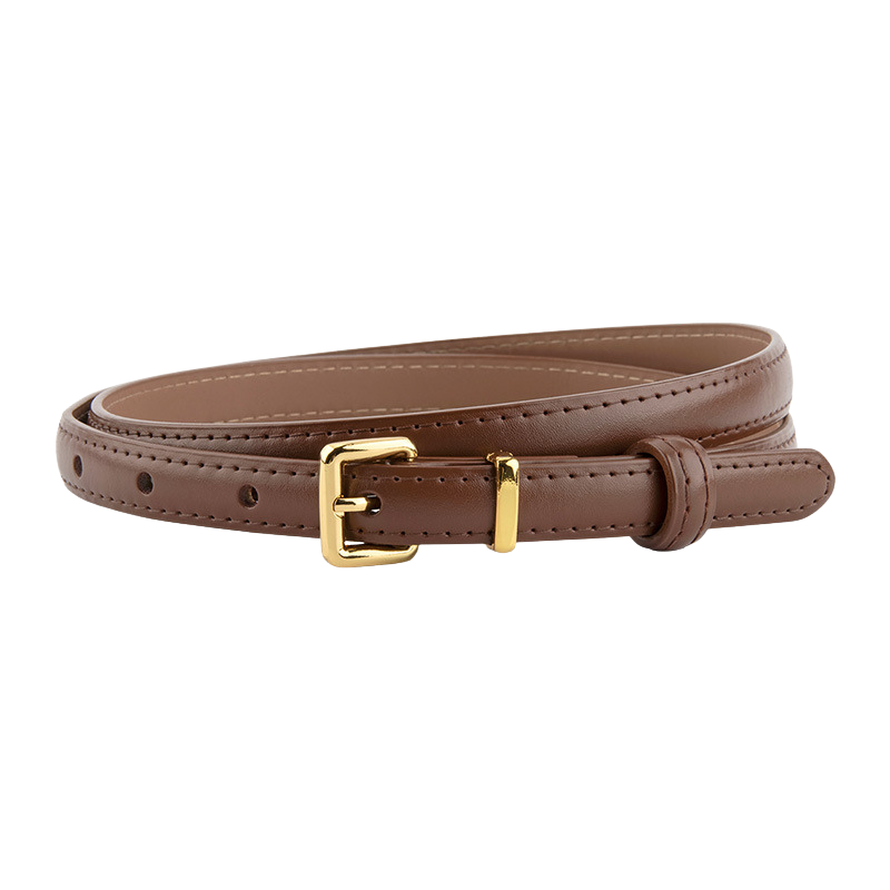 Ceinture Divine extra fine en cuir marron avec boucle dorée rectangulaire