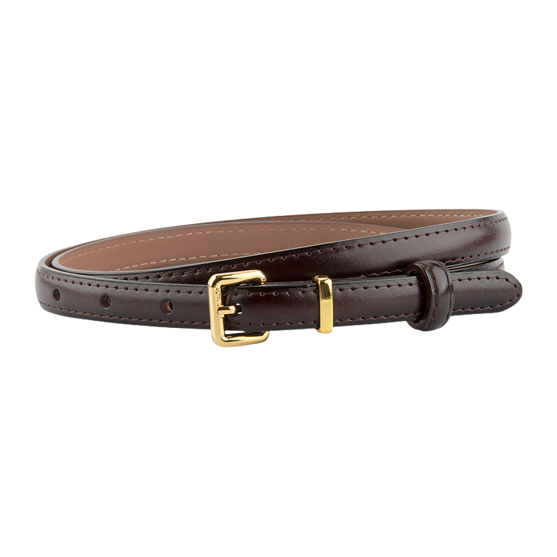 Ceinture Divine extra fine en cuir marron avec boucle rectangulaire dorée et coutures visibles.