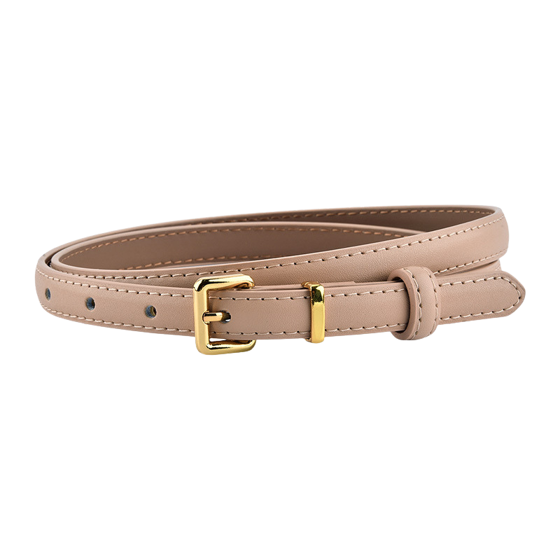 Ceinture Divine extra fine en cuir beige avec boucle rectangulaire dorée, coutures visibles et finition lisse, largeur 1,5 cm.