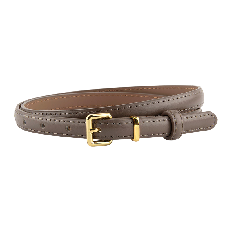 Ceinture Divine extra fine grise en cuir refendu avec boucle rectangulaire dorée et coutures ton sur ton.
