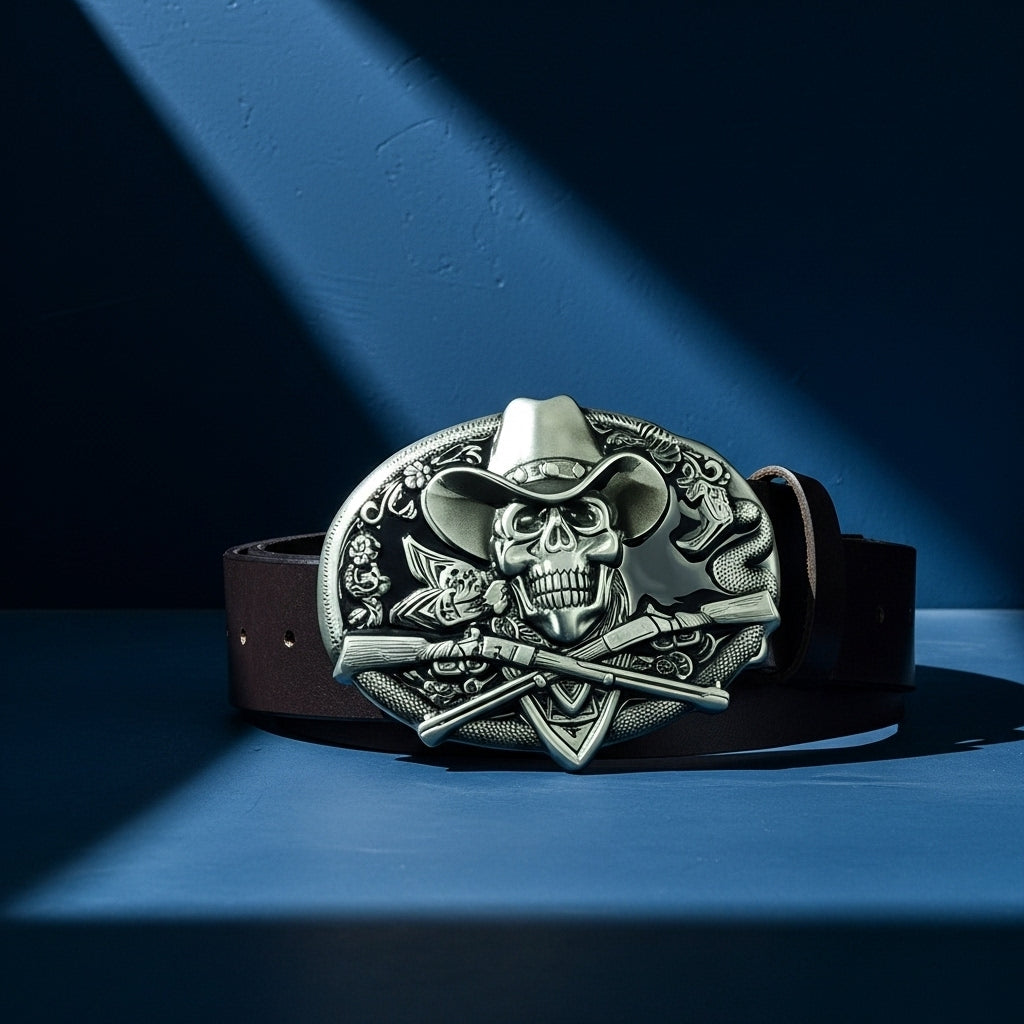 Ceinture Django homme avec boucle ovale argentée ornée d'une tête de mort, chapeau de cowboy, serpents et fusils croisés, style biker/western. #fullwidth
