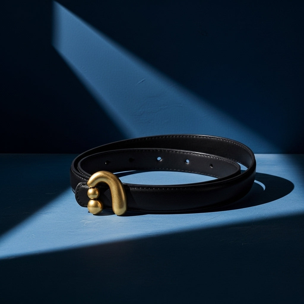 Ceinture femme Domitille en cuir noir avec une boucle crochet clou dorée asymétrique et deux boules décoratives, style rétro élégant. #fullwidth