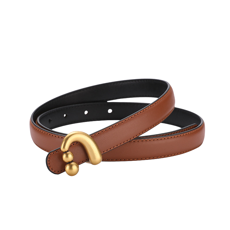 Ceinture femme Domitille en cuir marron avec boucle dorée asymétrique et boules décoratives