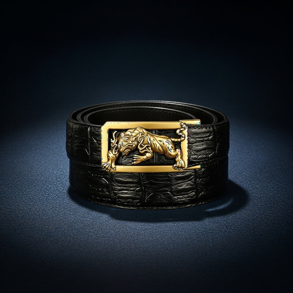 Ceinture homme Dorian 1 en cuir noir avec texture crocodile et boucle automatique dorée ornée d'un tigre stylisé.