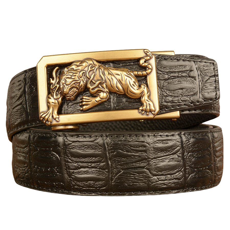 Ceinture homme Dorian 1 en cuir noir avec boucle dorée ornée d'un tigre, texture crocodile