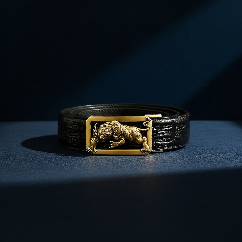 Ceinture homme Dorian 1 en cuir noir avec boucle rectangulaire dorée ornée d'un lion stylisé et texture crocodile #fullwidth