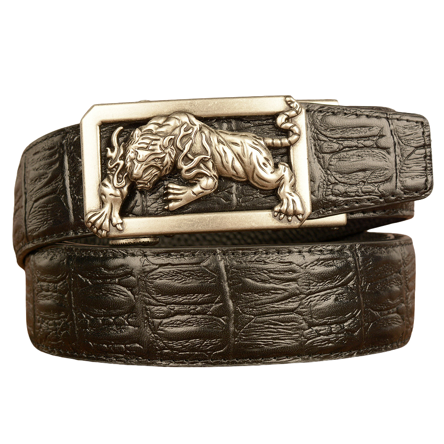 Ceinture homme Dorian 1 en cuir noir grainé avec boucle argentée ornée d'un tigre stylisé.