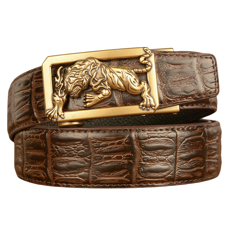 Ceinture homme Dorian 1 en cuir marron avec une boucle dorée ornée d'un tigre en relief et une texture crocodile.