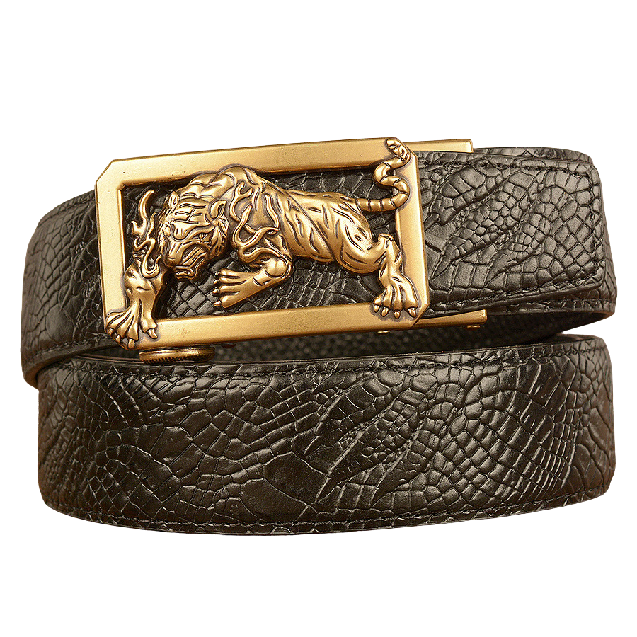 Ceinture homme Dorian 2 noire avec boucle dorée ornée d'un tigre en relief, cuir pleine fleur texturé aspect serpent.