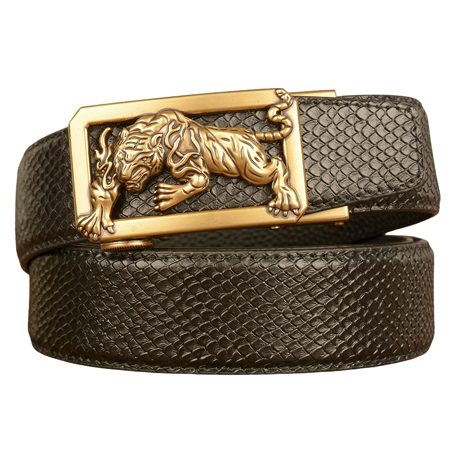 Ceinture homme Dorian 3 noire en cuir pleine fleur avec boucle dorée ornée d'un tigre et texture peau de poisson