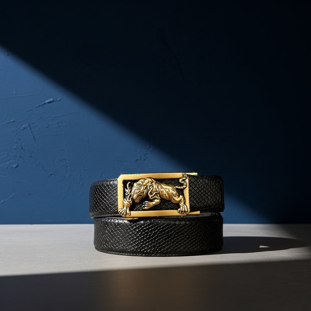 Ceinture homme Dorian 3 en cuir noir texturé peau de poisson avec boucle rectangulaire dorée ornée d'un tigre stylisé. #fullwidth