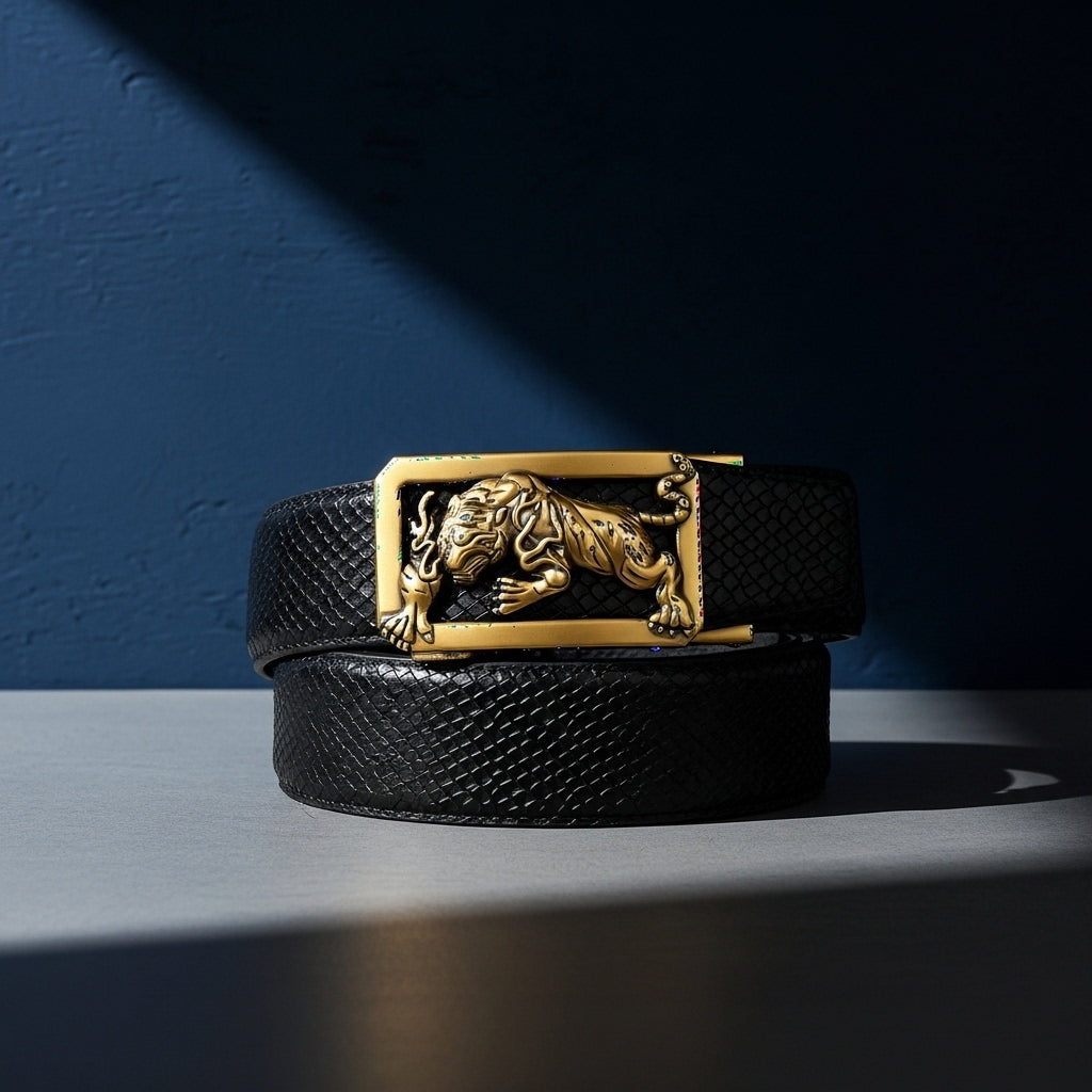 Ceinture homme Dorian 3 noire avec boucle rectangulaire dorée ornée d'un motif de tigre sculpté, cuir pleine fleur avec texture peau de poisson. #fullwidth