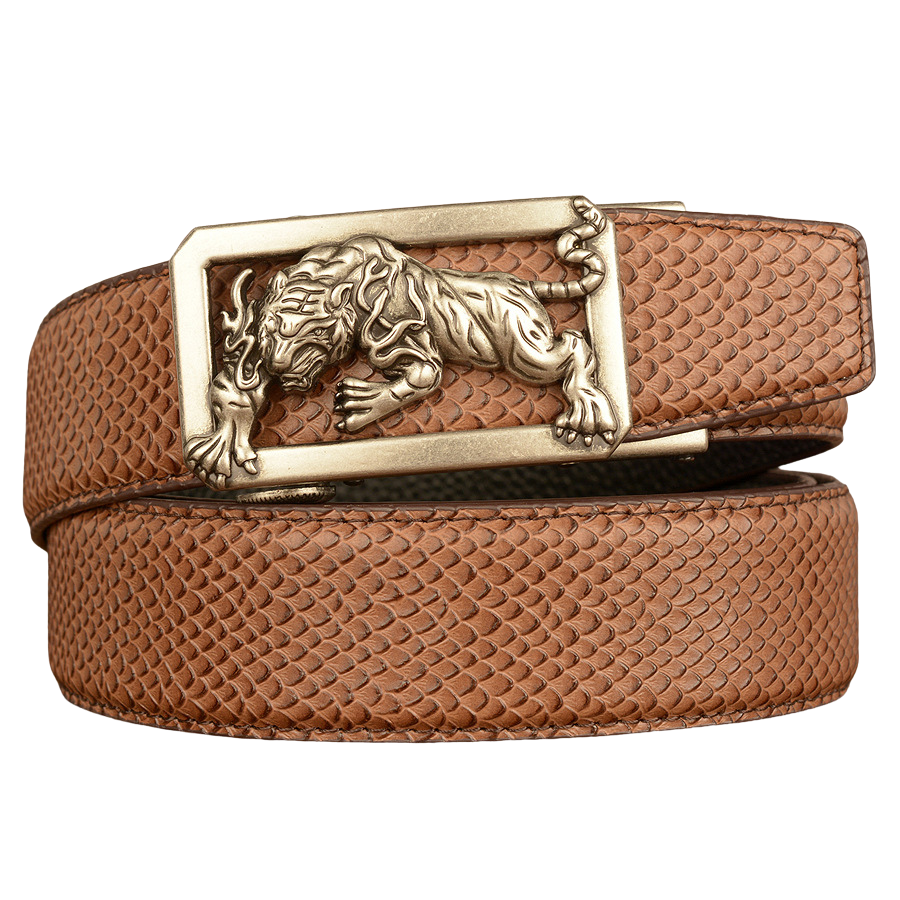 Ceinture homme Dorian 3 en cuir marron texturé peau de poisson, boucle rectangulaire argentée ornée d'un tigre stylisé.