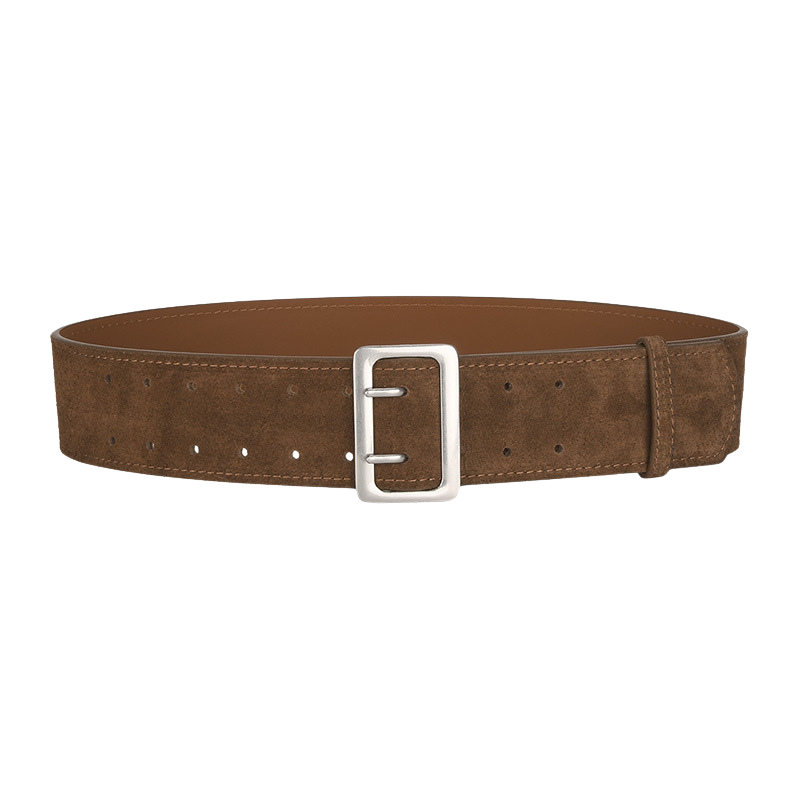 Ceinture large Doriane en cuir de vachette marron suédé, avec boucle rectangulaire argentée mate.