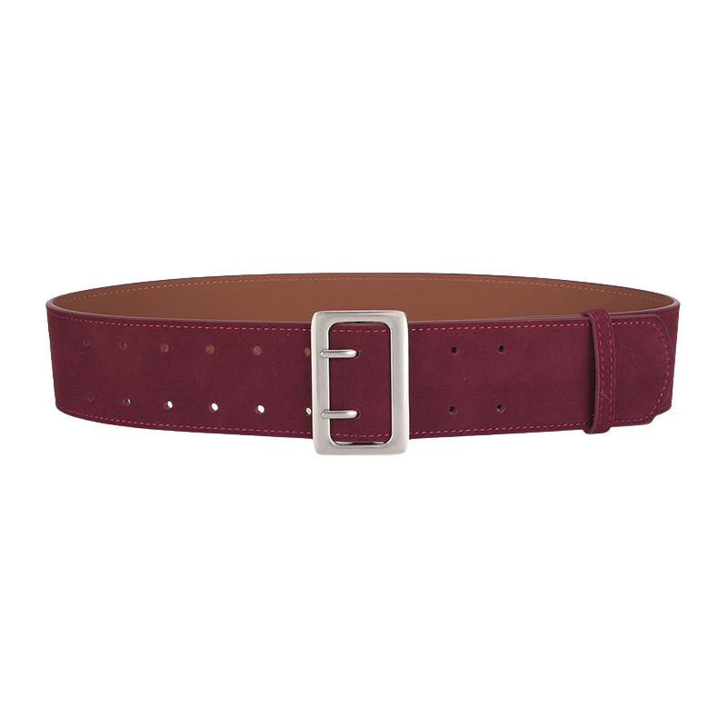 Ceinture large Doriane en cuir de vachette refendu bordeaux, fini suédé, avec boucle rectangulaire argentée mate. Style vintage.