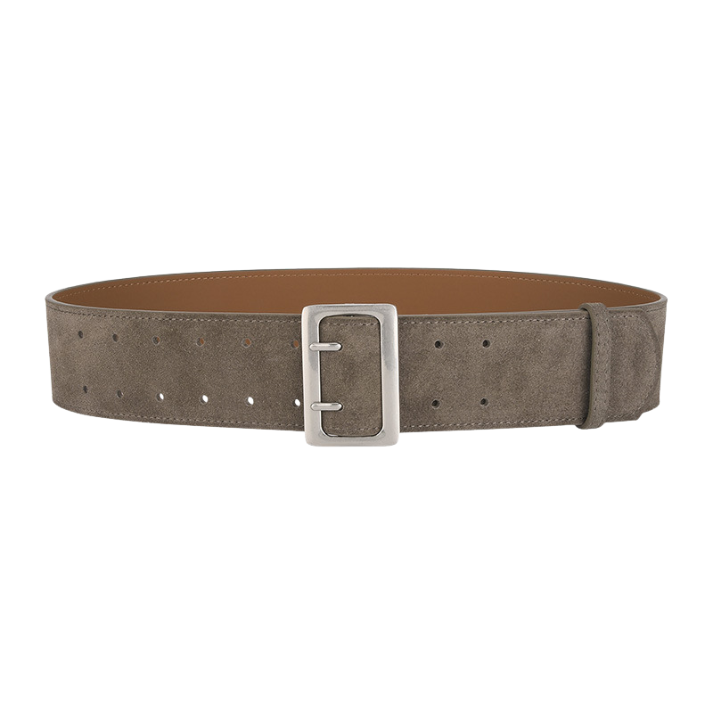 Ceinture large Doriane en cuir suédé gris avec boucle rectangulaire argentée mat