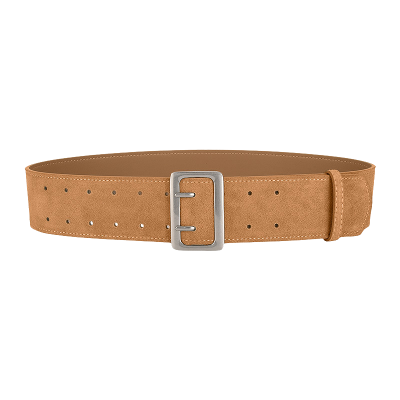 Ceinture large Doriane en cuir de vachette refendu suédé sablé coloris orange, avec boucle rectangulaire argenté mat. #fullwidth