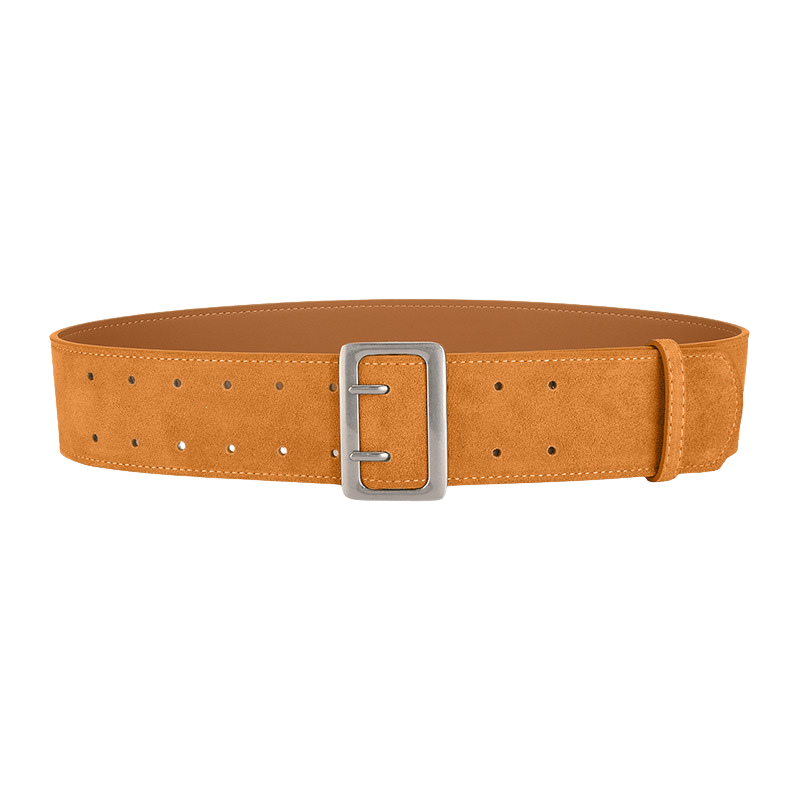 Ceinture large Doriane en cuir suédé sablé orange foncé avec boucle argentée mate et double rangée de trous pour un style vintage ajusté.