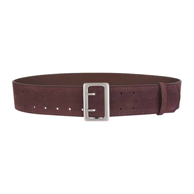 Ceinture large Doriane en cuir suédé bordeaux foncé avec boucle argentée mate rectangulaire et double passant.