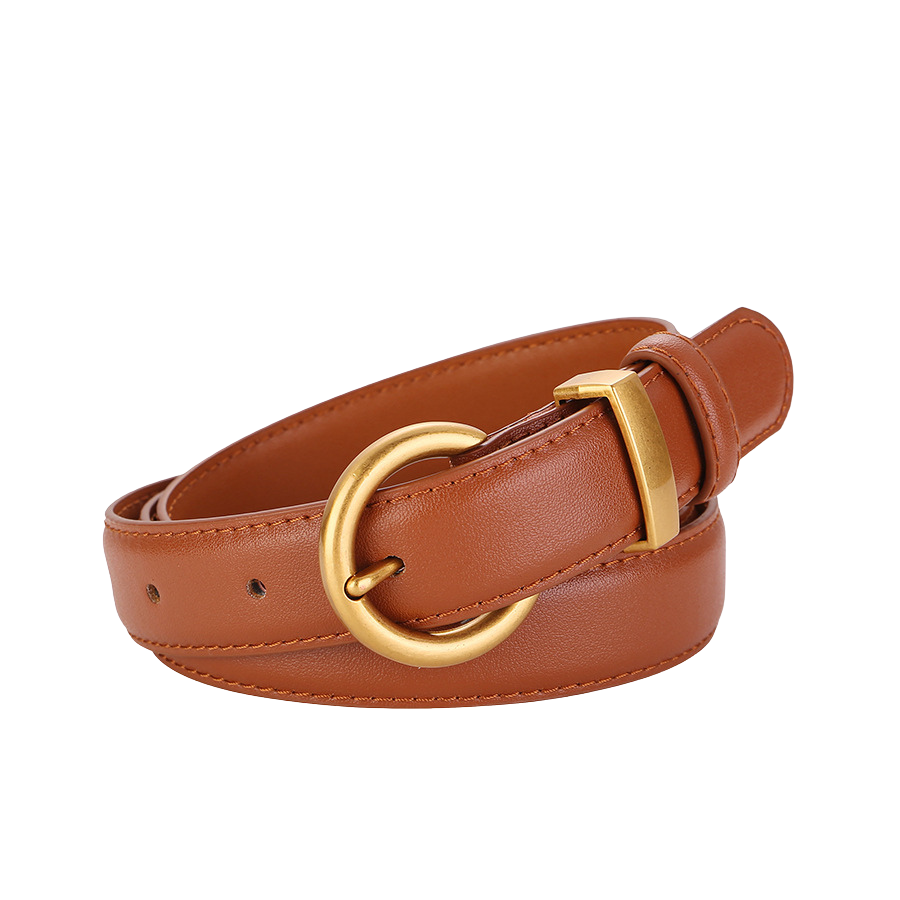 Ceinture fine en cuir de vachette marron camel Douceâtre avec boucle ardillon arrondie dorée et passant rectangulaire doré.