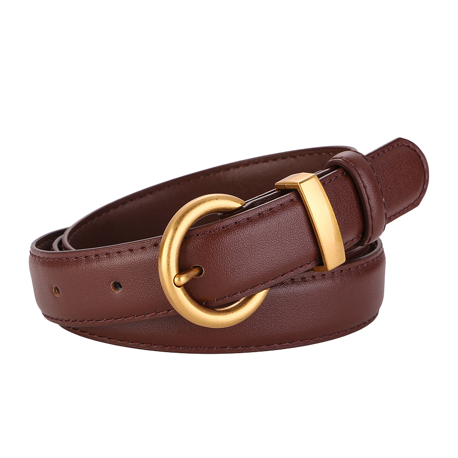 Ceinture fine en cuir marron Douceâtre pour femme, avec une boucle ardillon arrondie dorée et un passant rectangulaire doré.