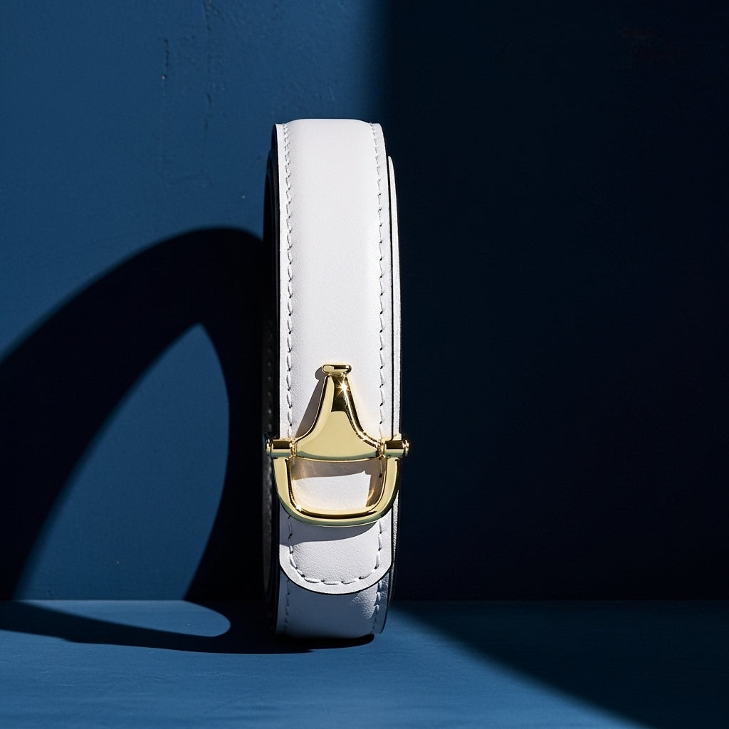Ceinture fine blanche en cuir pour femme, modèle Douceur, avec boucle dorée en forme de mors #fullwidth