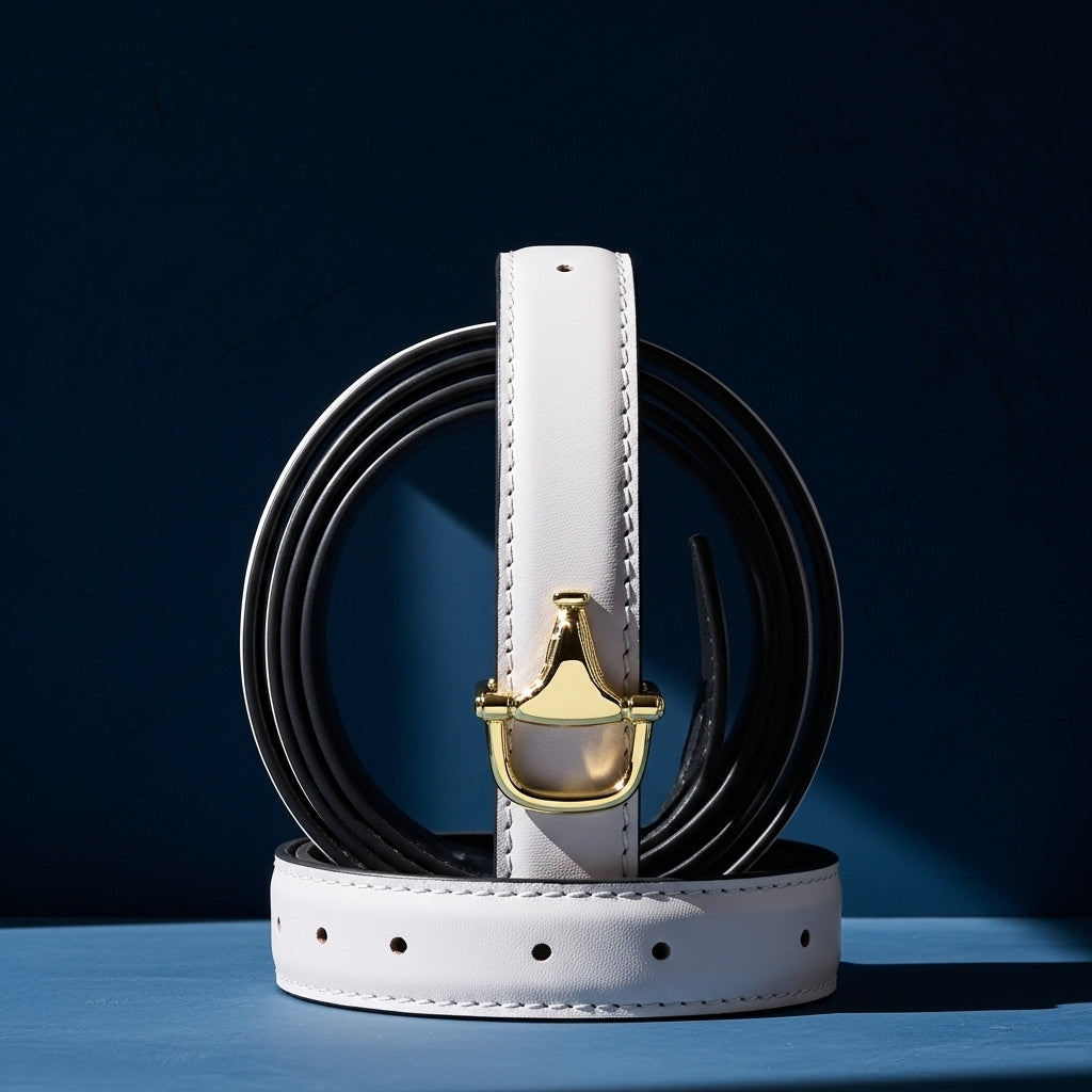 Ceinture fine blanche en cuir pleine fleur pour femme, modèle Douceur, avec boucle dorée mors en T inversé. #fullwidth
