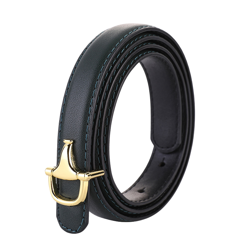 Ceinture fine verte pour femme en cuir pleine fleur avec surpiqûres bleues et boucle dorée en forme de mors