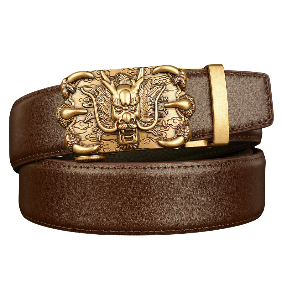 Ceinture homme Draco Shine en cuir marron avec boucle automatique dorée ornée d'un dragon en relief et finition brillante.