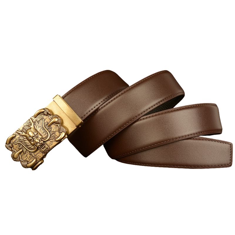 Ceinture Draco Shine en cuir marron avec boucle automatique dorée ornée d'un dragon en relief #fullwidth