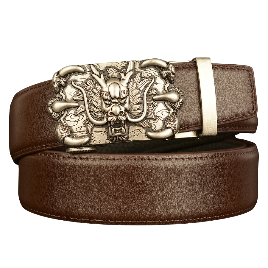 Ceinture homme Draco Shine en cuir marron avec une boucle rectangulaire argentée ornée d'un dragon en relief et un mécanisme automatique #fullwidth